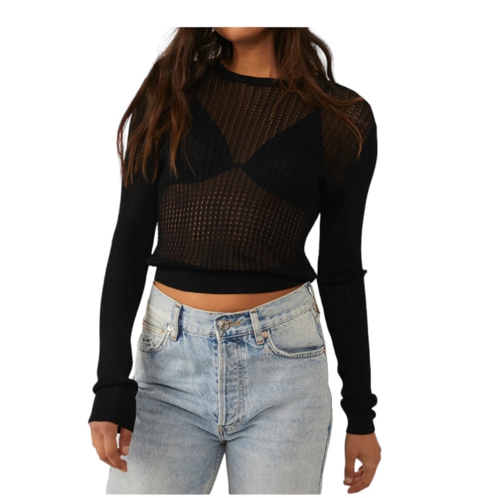 Free People Black H2O Black Crew Layering Lightweight Pullover Sweater Medium